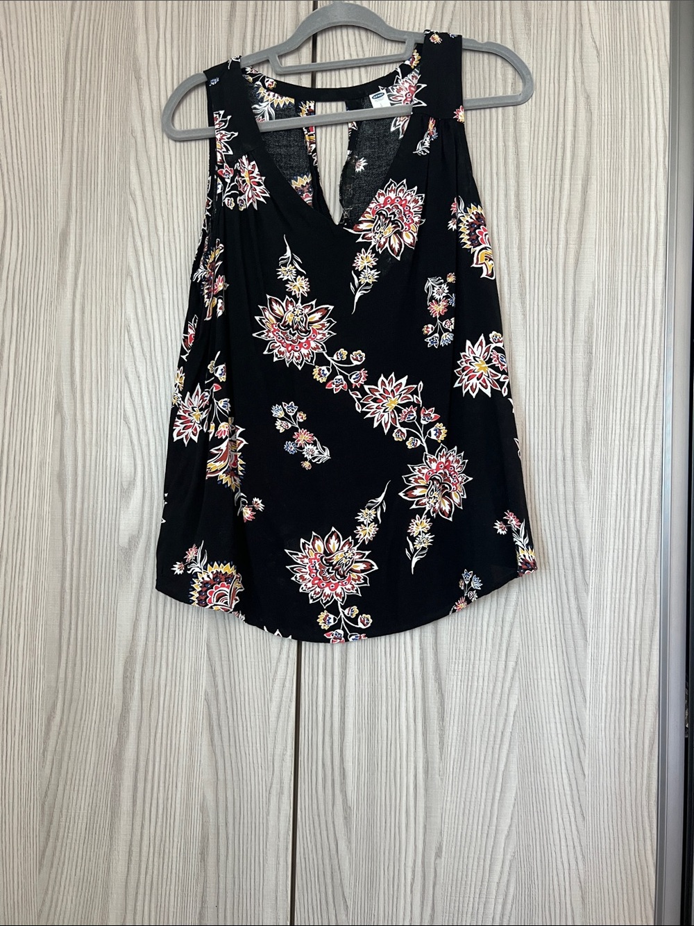 Old Navy Black Floral V-Neck Tank with Pink and Yellow Accents